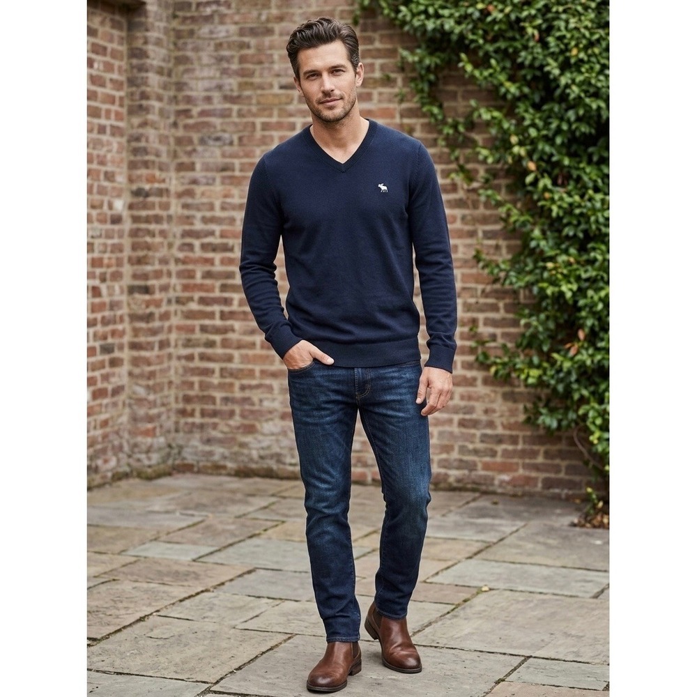 Abercrombie & Fitch Mens Navy Blue 100% Pima Cotton V-Neck Moose Logo Sweater M